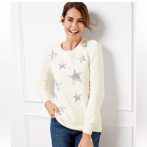 Talbots Ivory‎ Pleated Shoulder Crewneck Pullover- Sequin Silver Stars Size MP